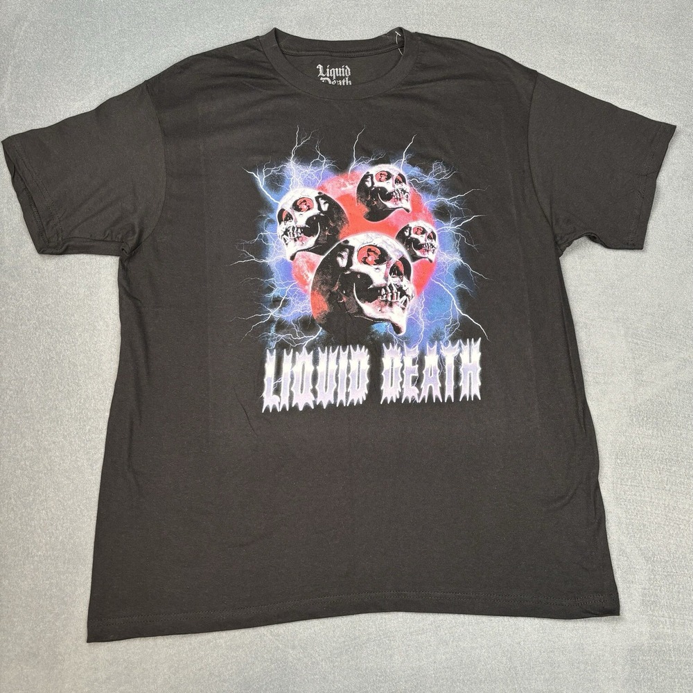 Liquid Death T-Shirt Mens L Black Skulls Lightning Graphic Heavy Metal Style